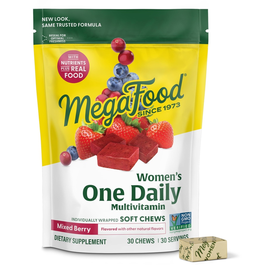 MegaFood Multivitamin for Women, One Daily Multivitamins, Soft Chews with Folate, Methylated B12, Vitamin B6, Biotin, Vitamin D3, C & A - Mixed Berry Flavor - Vegetarian, Non-GMO - 30 Chews