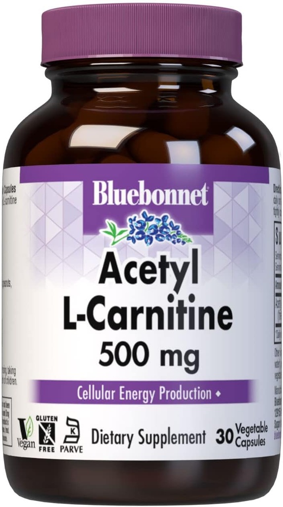 Bluebonnet Nutrition Acetyl L-Carnitine, Transports Fatty Acids, Boosts Cellular Energy, Soy & Gluten-Free, Kosher Certified, Vegan, 30 Vegetable Capsules, White, 500mg