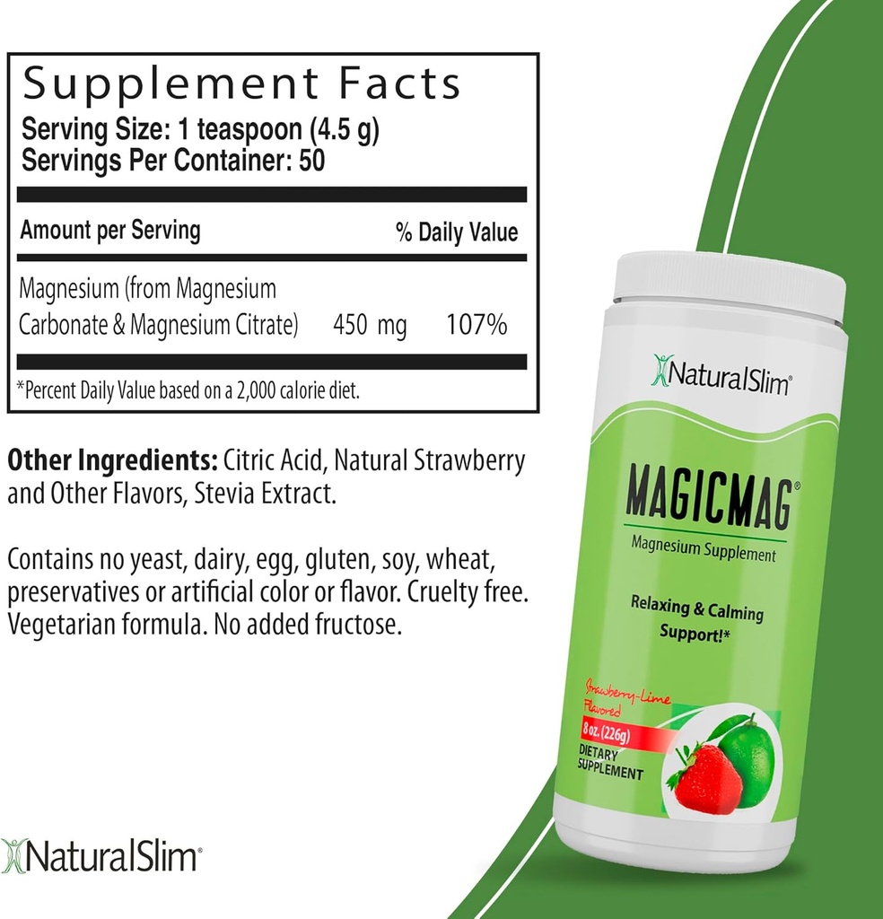 NaturalSlim Magicmag Pure Magnesium Citrate Powder – Stress, Constipation, Muscle, and Heart Support | Natural Strawberry & Lime Flavored Magnesium Supplement - 8oz Drink Mix (3 Pack)