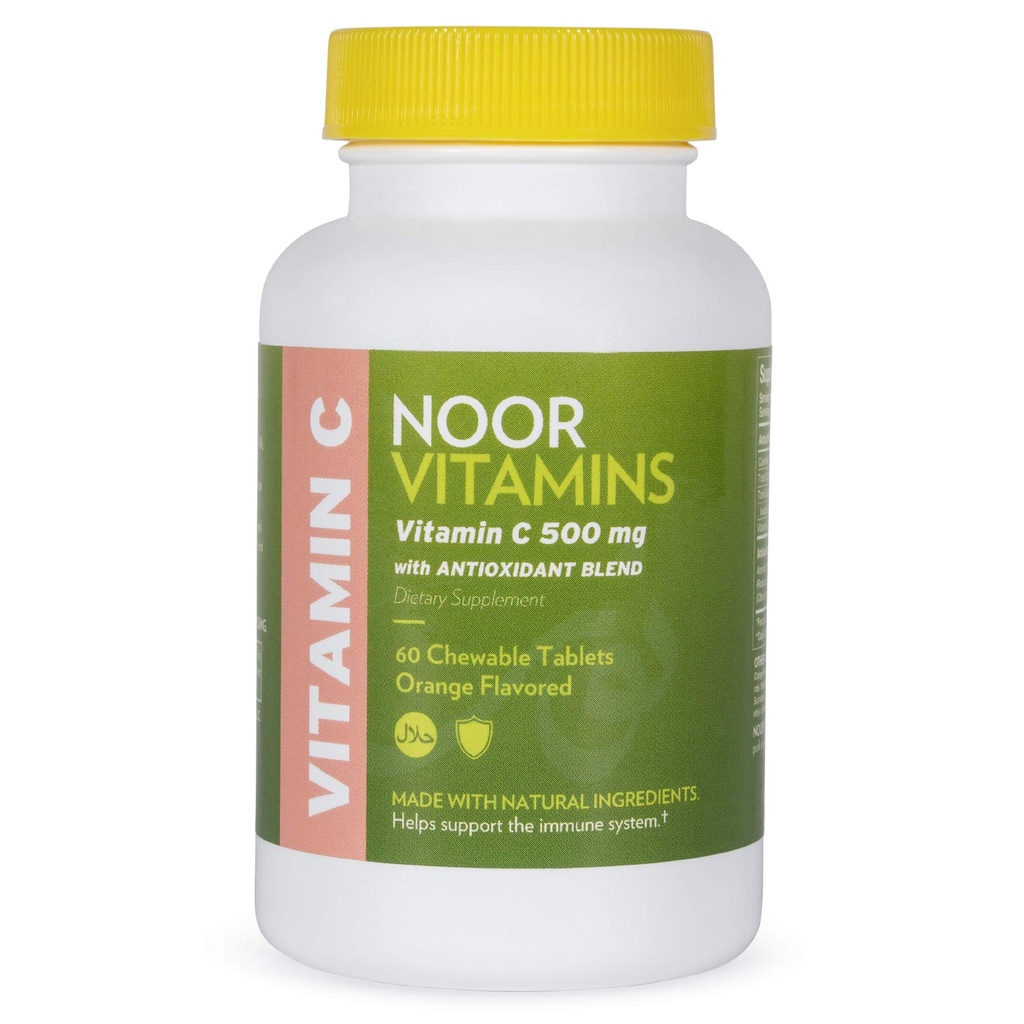 Noor Vitamins 500 MG Halal Vitamin C Chewable Tablets + Rose HIPS and Antioxidants I Supports Immune System I Vegan, Gluten Free & Halal Vitamin 60 Orange Flavored Chewable Tablets I 2 Month Supply