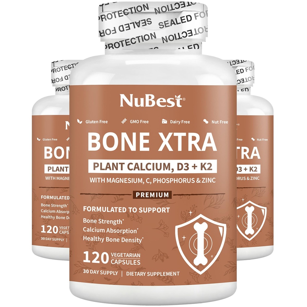Bone Xtra - Vegan Bone Strength Formula for Stronger Bones, Plant-based Calcium from Marine Algae, Vitamins D3, Vitamin K2, Magnesium, Phosphorus & More for Teens, Adults - 3 Months Supply | 3 Pack