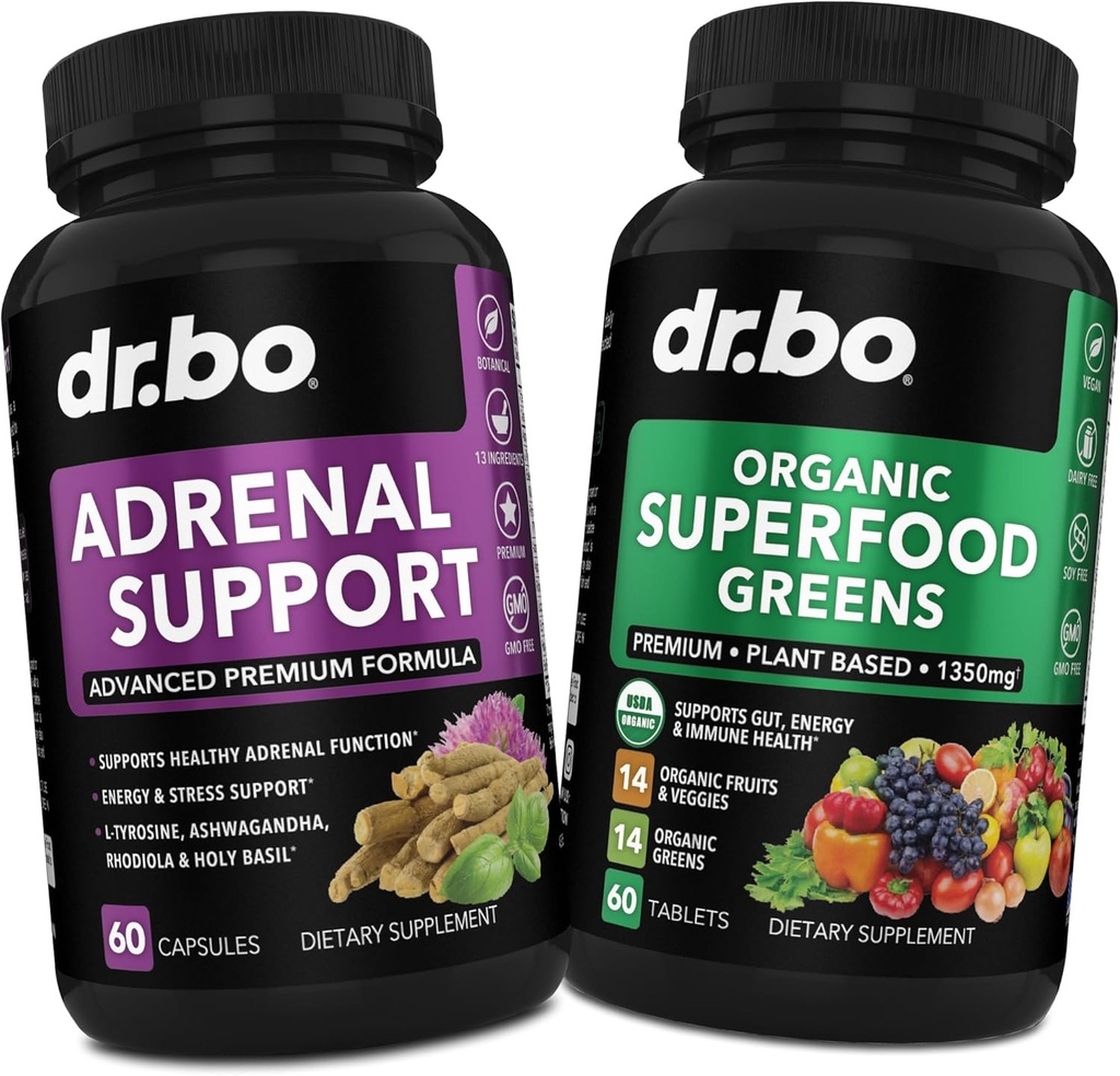 Adrenal Support & Organic Superfood Greens & Fruit Supplements - Daily Energy Super Food Fruits and Veggies Supplement Tablets Plus Vegetable Foods