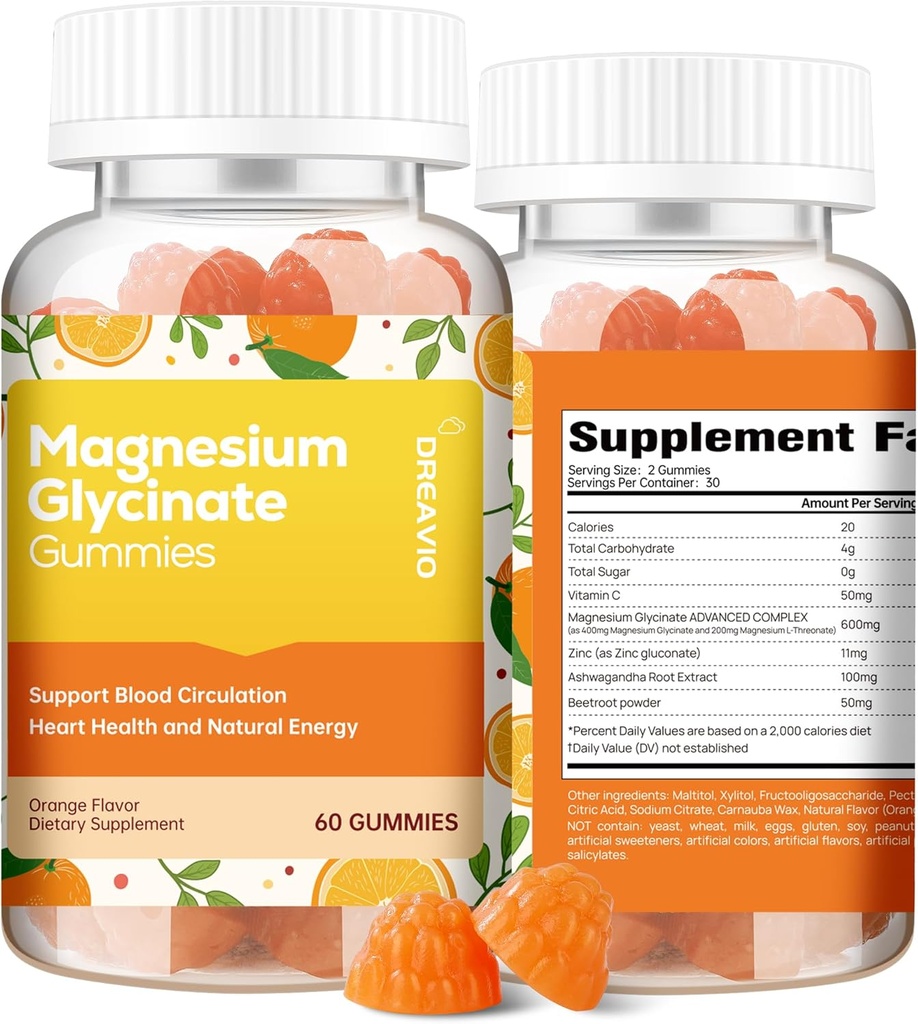 60 Count Magnesium Glycinate Gummies 400mg w/Ashwagandha Supplement - Sugar Free Zinc Magnesium Glycinate Supplement Ashwagandha Gummies for Adults