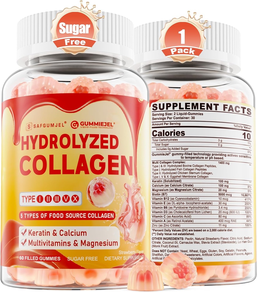 Collagen Peptide Gummies for Women Men, Sugar Free Multi Collagen Supplement, 1400mg Hydrolyzed Collagen Types I II III V X, 5000mcg Biotin, Vitamin C A E D3 B6 for Hair, Skin & Nails, Bone, 60Cts