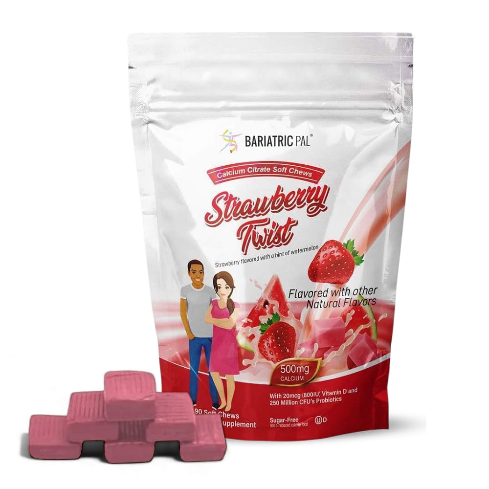 BariatricPal Sugar-Free Calcium Citrate Soft Chews | 500mg with Vitamin D & Probiotics | Strawberry Twist | 90 Count (1 Month Supply)