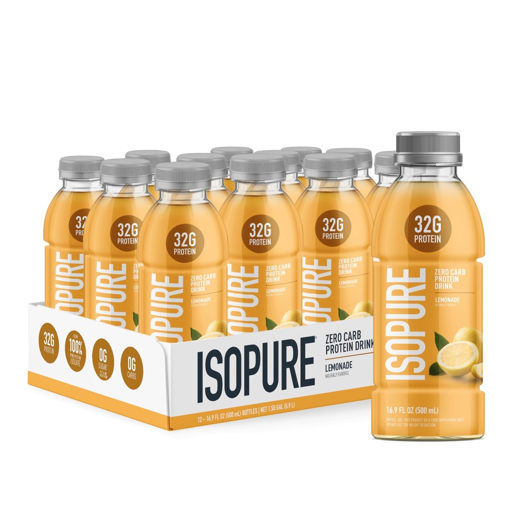 Isopure Zero Carb 32g Clear Protein Ready-to-Drink, Whey Protein Isolate, Lemonade, 12 Pack (Packaging May Vary)