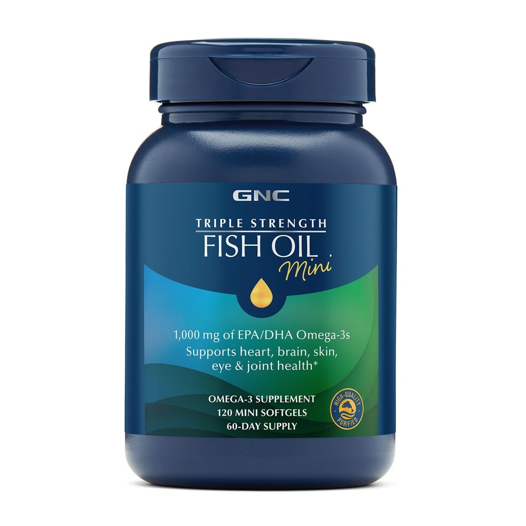 GNC Triple Strength Fish Oil Mini Omega 3 Supplement, 1000mg EPA and DHA, Supports Heart, Brain, Skin, Eye and Joint Health, 120 Mini Softgels