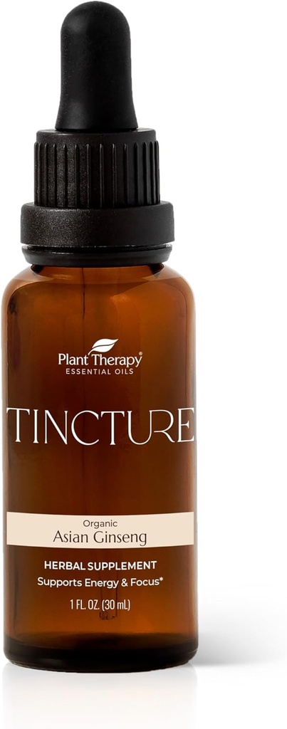 Plant Therapy Organic Asian Ginseng Root Herbal Supplement Tincture 30 mL (1 oz) Great for Energy, Encourages Mental Focus, Vegan, Non GMO, Gluten Free, Liquid, 1 Bottle