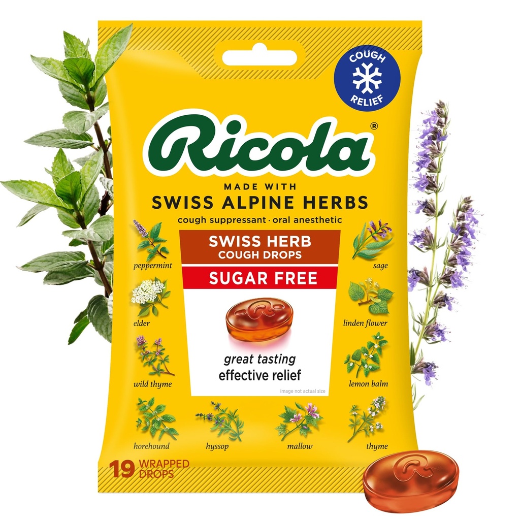 Ricola Swiss Herb Sugar Free Cough Drops with Menthol - Cough and Sore Throat Relief - 19 Count - Herbal Throat Lozenges