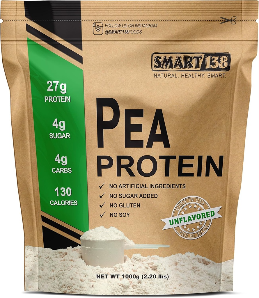 100% Pure Pea Protein, Ultra Smooth Powder, Vegan, Gluten-Free, Soy-Free, Dairy-Free, Non-GMO, USA/Canada, Keto (Low Carb), Natural BCAAs (1000g / 2.2lbs, Unflavored)