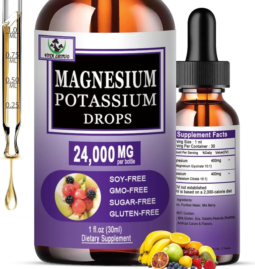 Magnesium Glycinate with Potassium Supplement,Liquid Magnesium Glycinate 500mg Potassium Citrate 500mg, Magnesium Liquid Drops for Vascular, Bone, Heart, Muscle & Nerve Health,Non-GMO,Vegan
