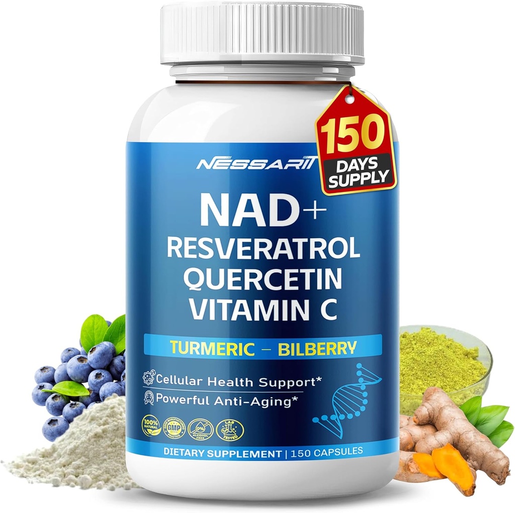 NAD+ RESVERATROL Supplement- 10-in-1 Natural Blend with Quercetin Turmeric Berberine Bilberry Green Tea - 150 Count - Made & Tested in The USA