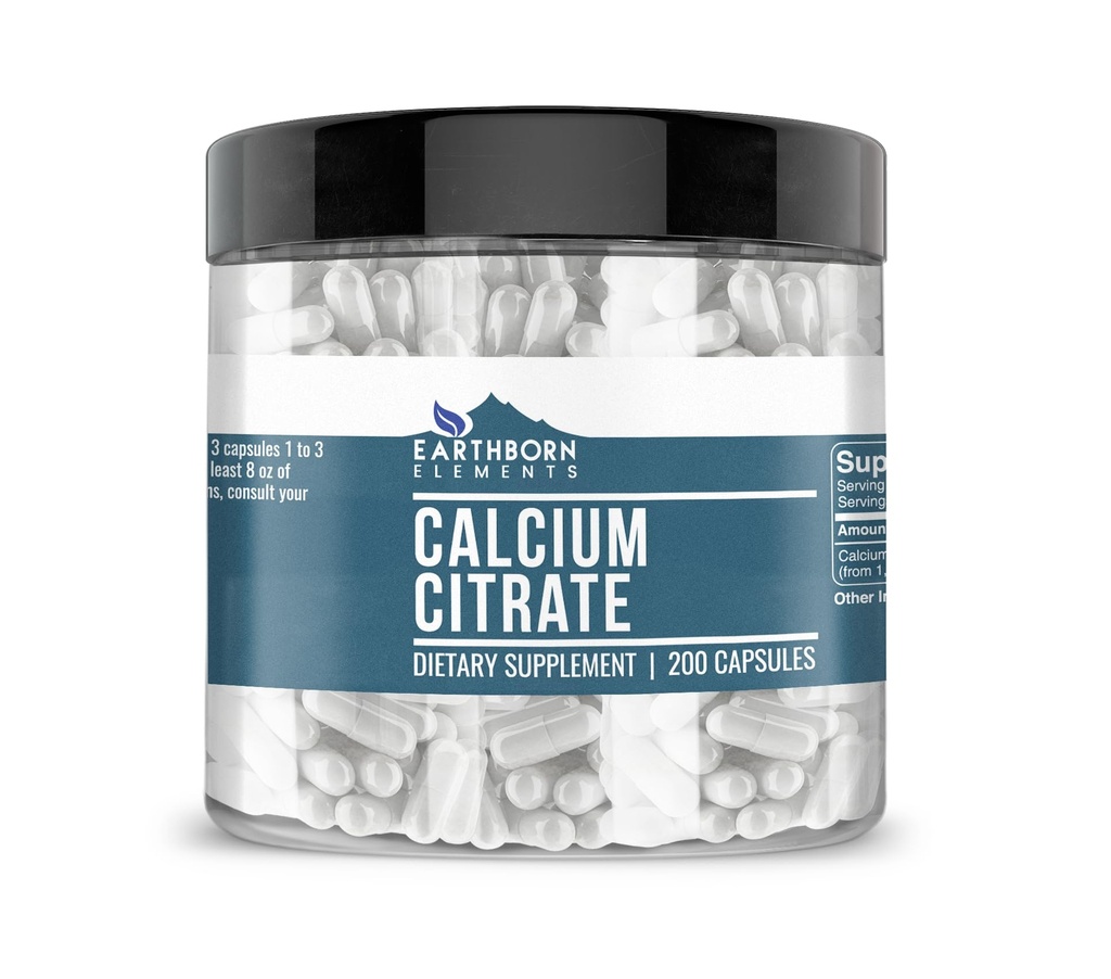 Earthborn Elements Calcium Citrate 200 Capsules, Pure & Undiluted, No Additives