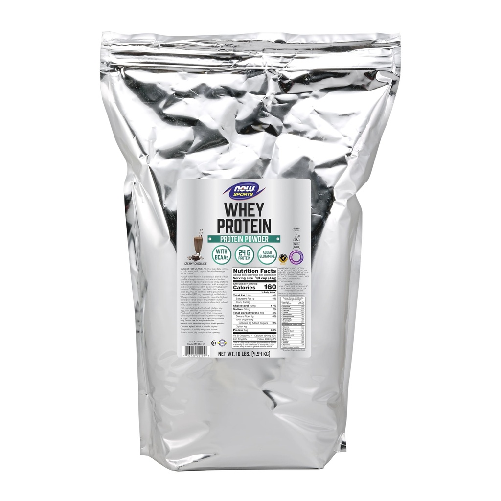 NOW Foods Sports Nutrition, Whey Protein, 24 g With BCAAs, Creamy Chocolate Powder, 10-Pound