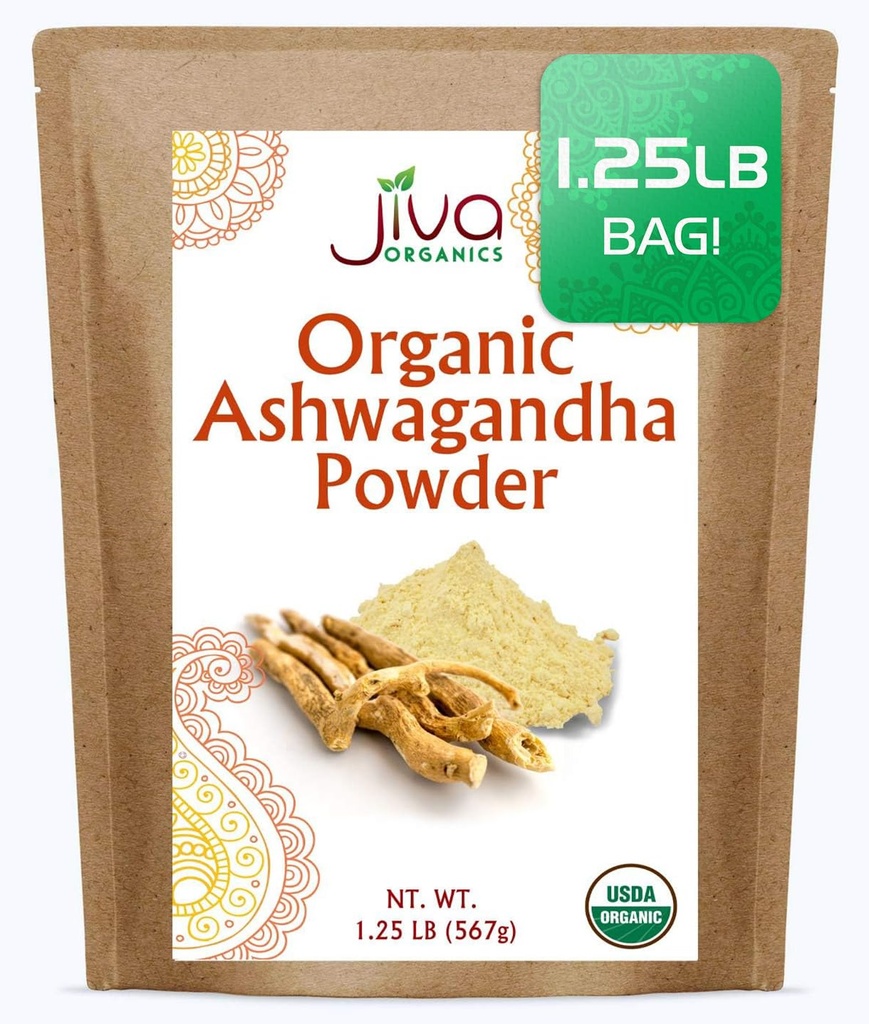 Jiva Organics Ashwagandha Root Powder 1.25 Pound (20oz) - Gluten Free, Indian Ginseng, Raw, Pure, Non-GMO, Lab Tested Ayurvedic Indian Powder