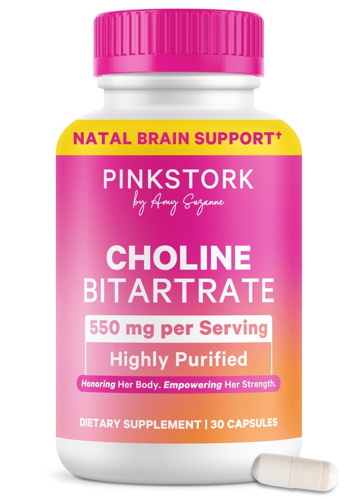 Pink Stork Choline - 550 mg Choline Bitartrate from VitaCholine for Pregnant + Postpartum Moms - Prenatal Vitamin for Fetal Cognitive Health + Breast Milk Quality - 1 Capsule Daily, 30 Count