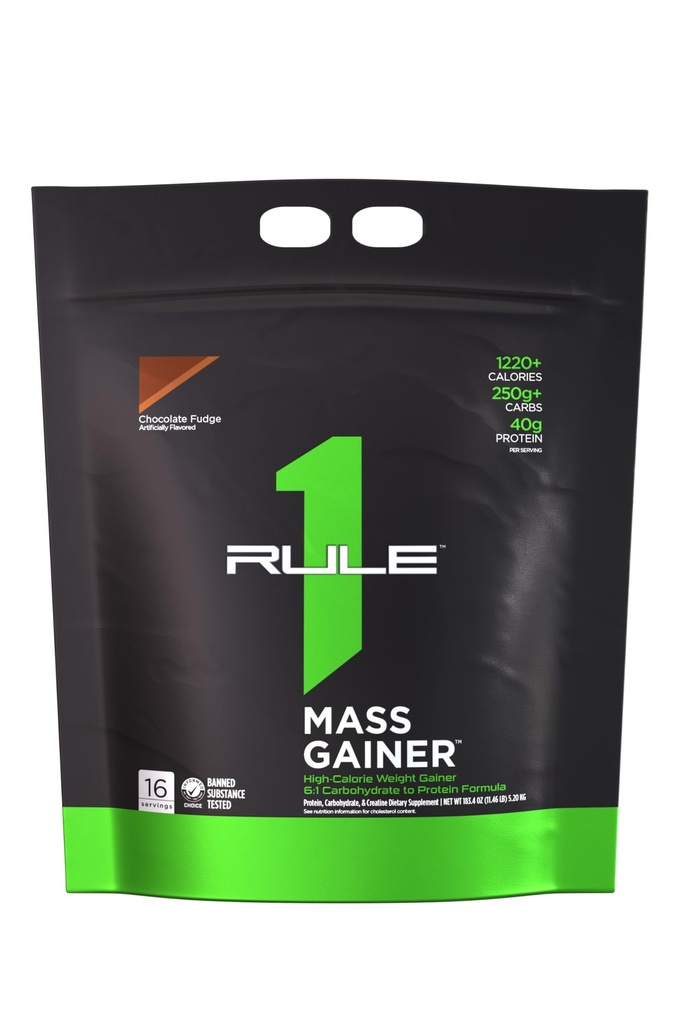 Rule 1 Proteins Mass Gainer - High-Calorie Weight Gain Formula with 1,220+ Calories, 250g+ Complex Carb Blend, 40g All-Whey Protein Per Serving (16 Servings, Chocolate Fudge)
