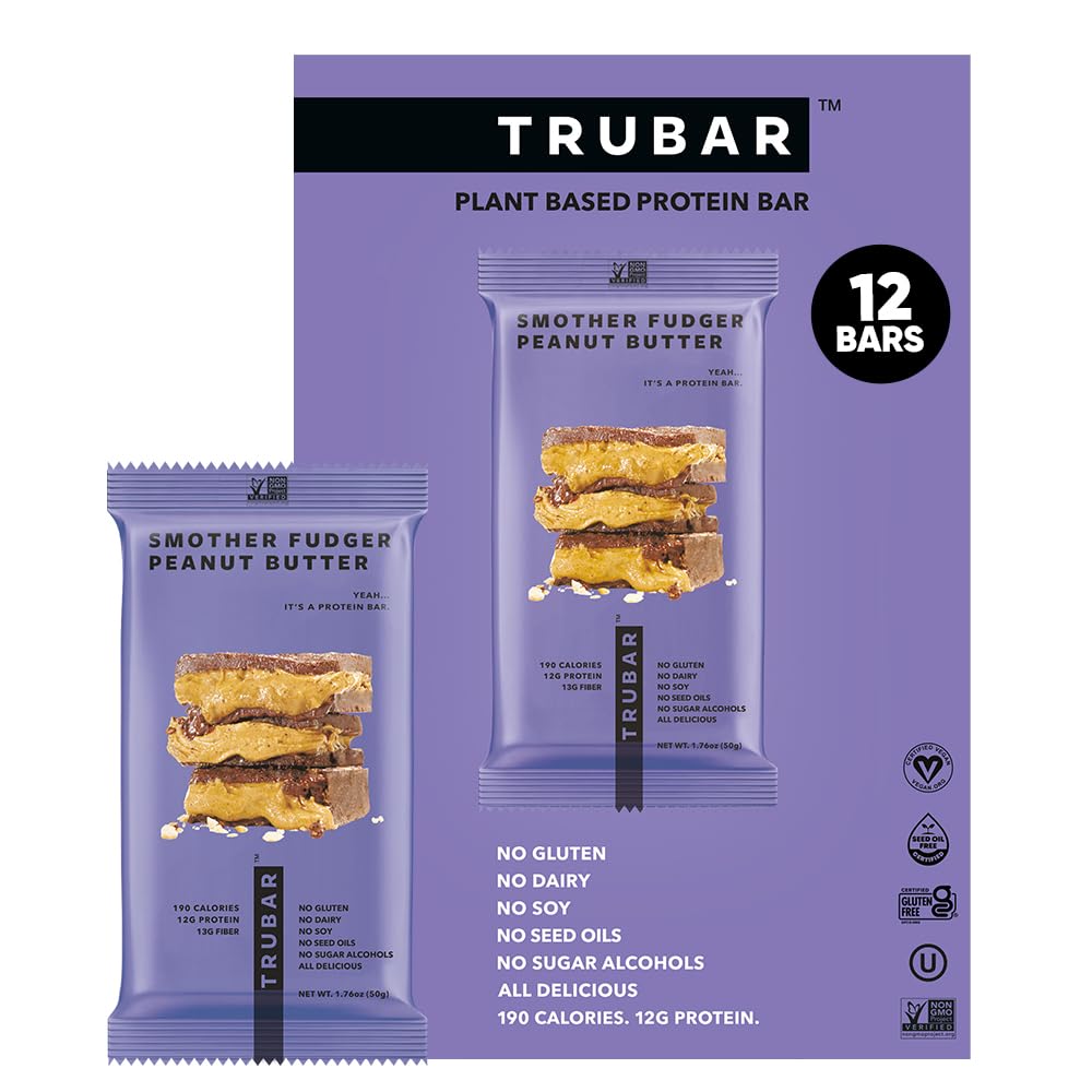 TRUBAR Vegan Protein Bar, Smother Fudger Peanut Butter, Gluten Free, Plant Based Protein, Dairy Free, Non GMO, Soy Free, No Sugar Alcohols, 12G Protein, 13G Fiber, Healthy on the Go Snack Bars, 12 CT