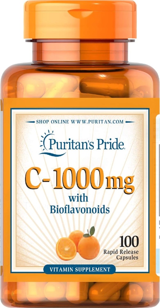 Puritan's Pride Vitamin C with Bioflavonoids for Immune System Support & Skin Health Capsules | Healthy Supplement | Gluten Free | Vegetarian Vitamin Supplement - 100 Count