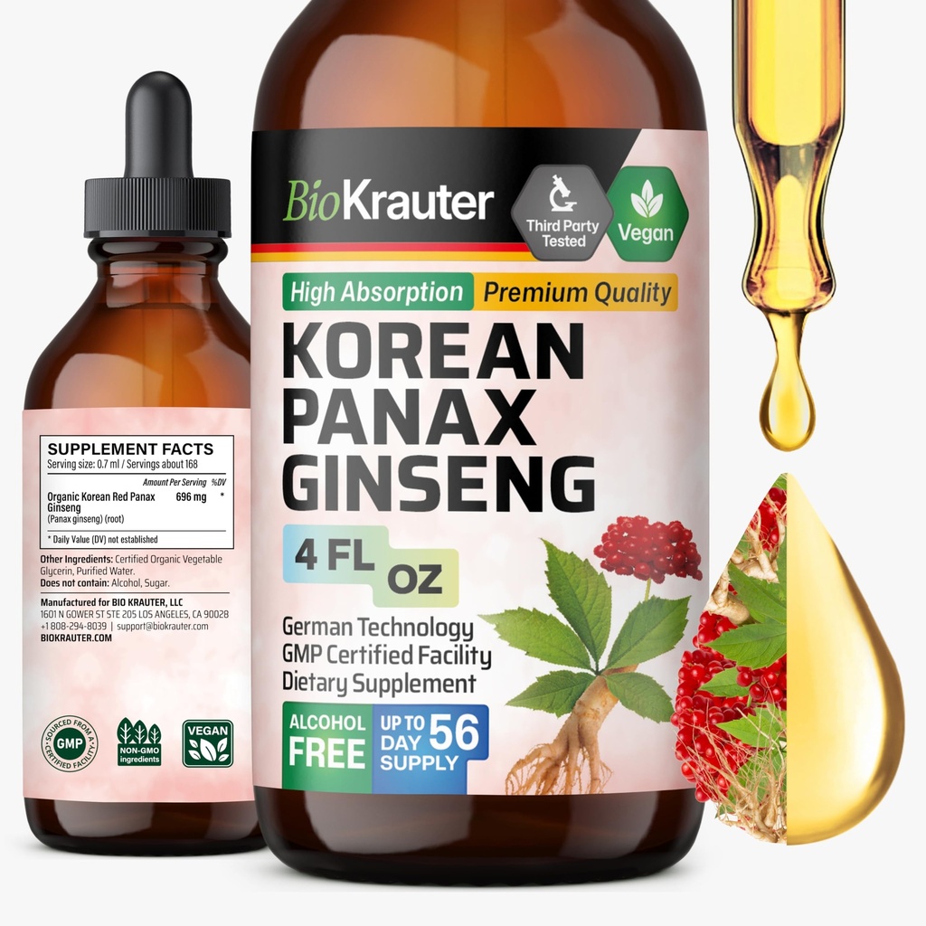 BIO KRAUTER® Ginseng Supplement - Pure Vegan Liquid Drops Korean Red Ginseng 696 mg per Serving 4 Fl.Oz 56-Day Supply - Used for Energy, Focus, Performance & Immune Support - Alcohol & Sugar Free