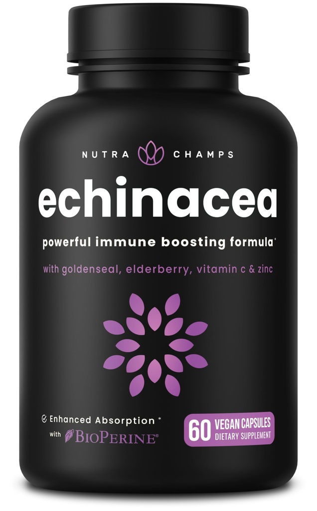 NutraChamps Echinacea Capsules 1000mg - 8-in-1 Immune Support Supplement - Echinacea Goldenseal, Vitamin C, Zinc, Ginger, Elderberry - 60 Capsules