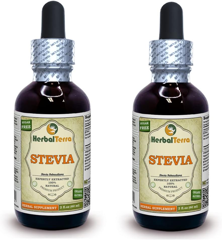 Stevia (Stevia Rebaudiana) Tincture, Organic Dried Leaves Liquid Extract (Brand Name: HerbalTerra, Proudly Made in USA) 2x2 fl.oz (2x60 ml)