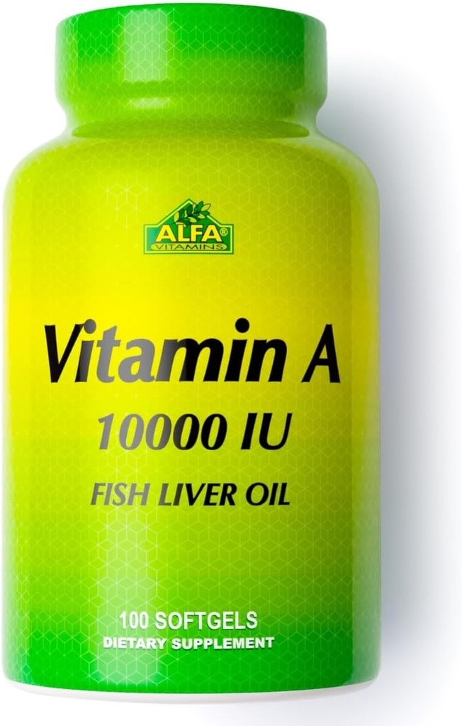 ALFA VITAMINS - Vitamin A - Fish Liver Oil 10,000 IU - Daily Dietary Supplement Helps Supports Vision, Skin and Immune System - 100 Softgels