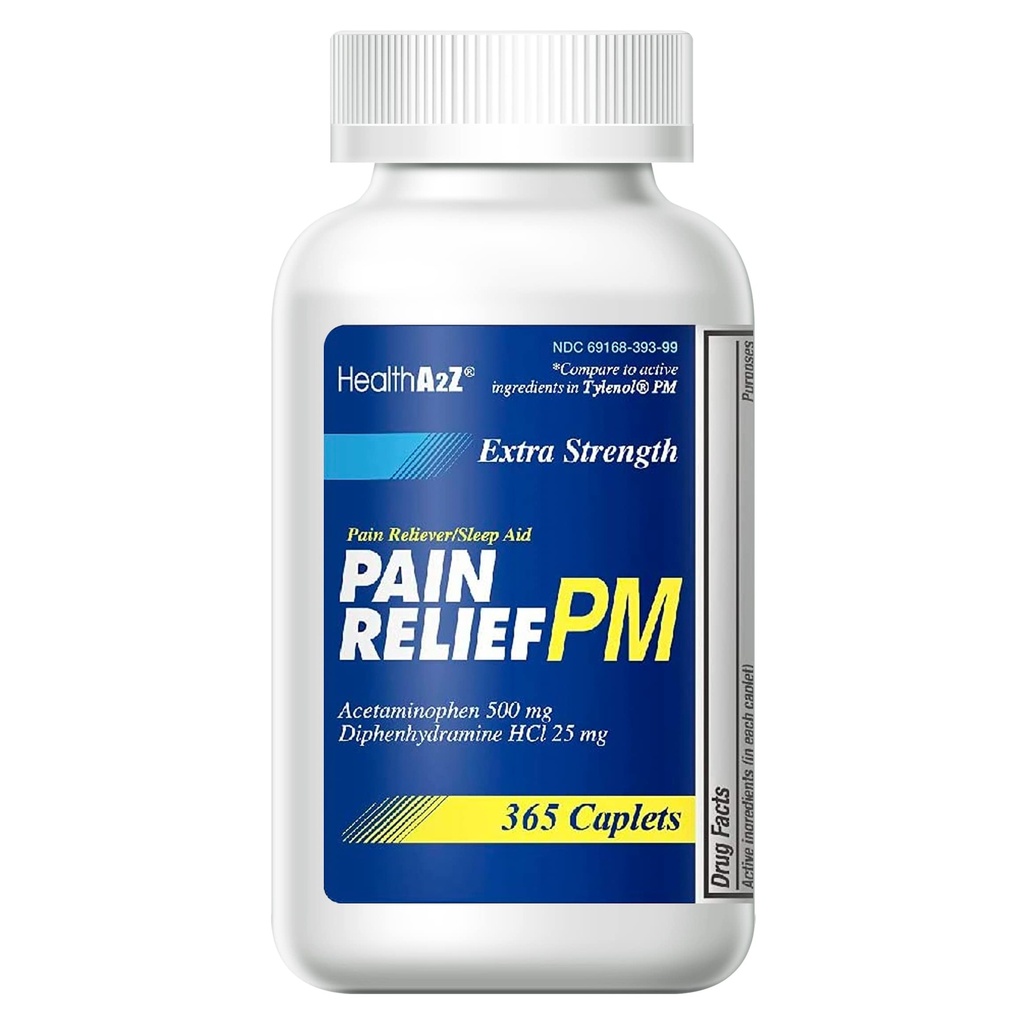 HealthA2Z® Extra Strength Pain Relief PM| Acetaminophen 500mg | Diphenhydramine 25mg | Pain Reliever & Nighttime Sleep Aid | (365 Count (Pack of 1))