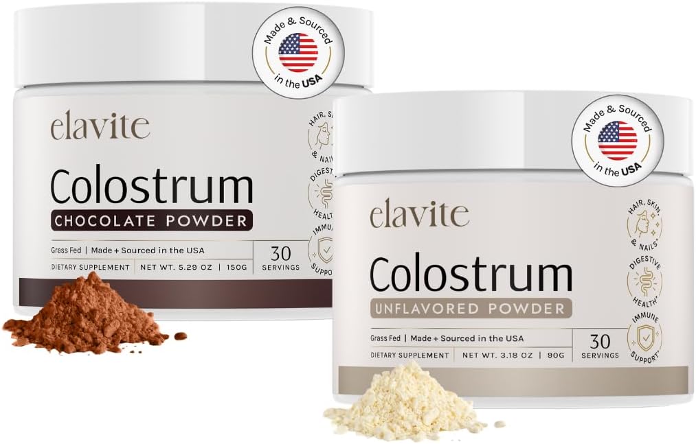 Bovine Colostrum Powder (60 Servings) Bundle Grass Fed Colostrum for Women & Men - Supplement for Healthy Hair, Skin & Nails - Chocolate & Unflavored - Made in USA