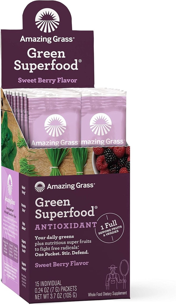 Amazing Grass Green Superfood Antioxidant: Super Greens Powder with Spirulina, Elderberry & Probiotics, Sweet Berry, 15 Servings