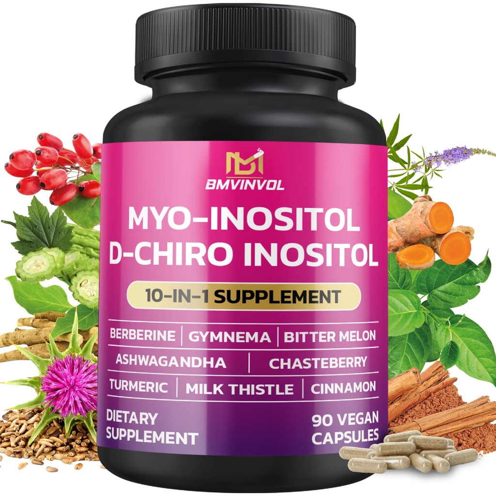 BMVINVOL Inositol Supplement - Myo-Inositol and D-Chiro Inositol Ideal 40:1 Ratio - Plus Berberine, Cinnamon, Ashwagandha + 5 More - 90 Capsules