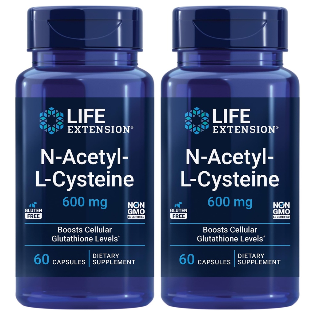 Life Extension N-Acetyl-L-Cysteine (NAC), Immune Response, Respiratory Health, Liver Health, NAC 600 mg, antioxidant Defense, Free radicals, Easy to Absorb - Two Pack x 60 Capsules