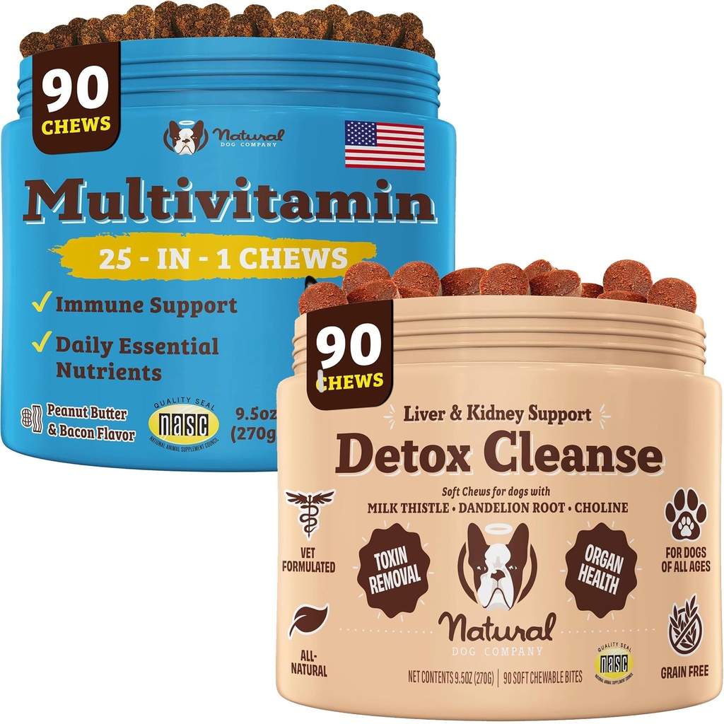 Natural Dog Company Multivitamin & Liver & Kidney Chews Bundle - Comprehensive Health Support for Senior Dogs, Promotes Detoxification, Improved Digestion, Radiant Skin & Coat, Easy to Administer