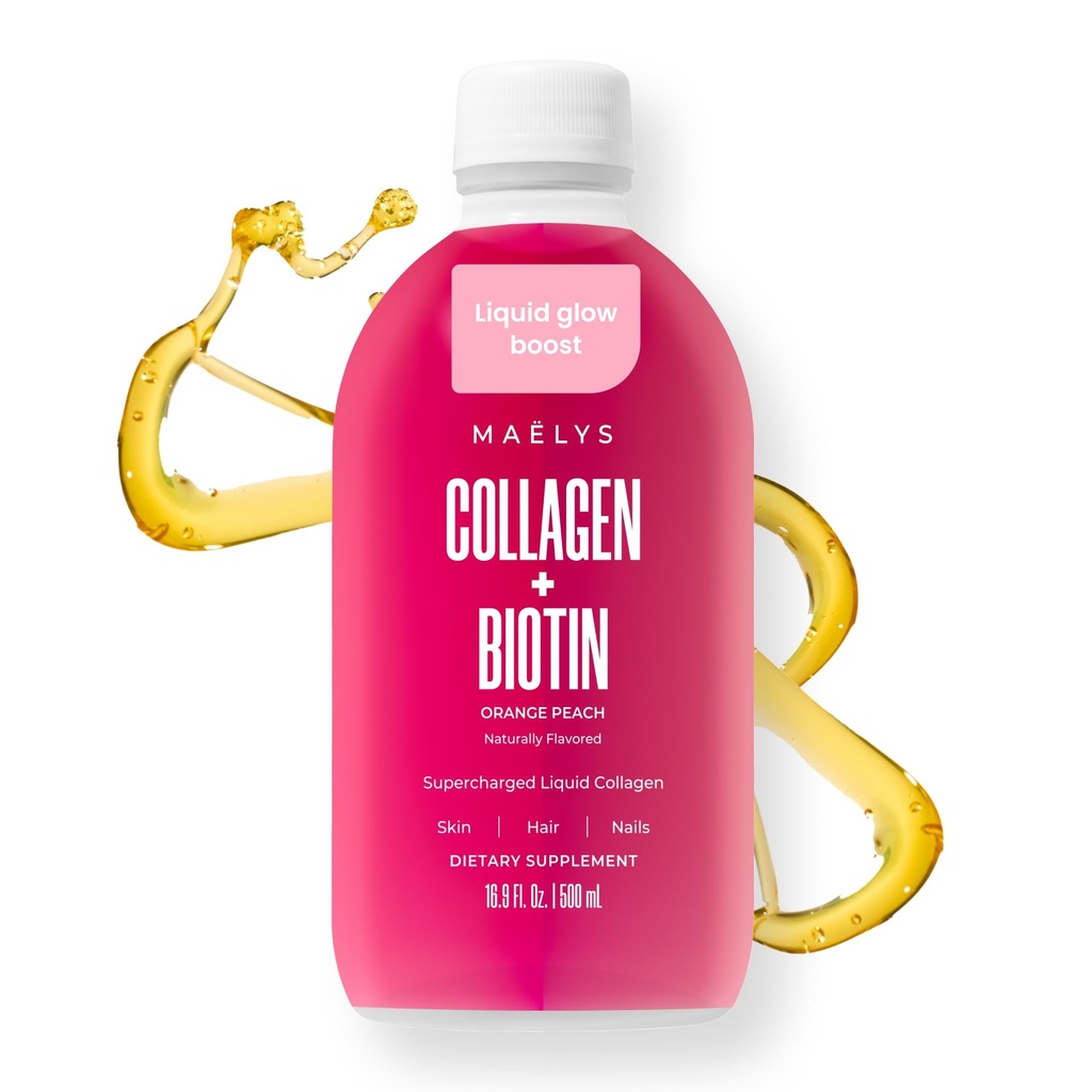 MAËLYS Collagen + BIOTIN Supercharged Liquid Collagen - Drinkable Hydrolyzed Type I & III Collagen Supplement with Biotin, Vitamin C, Zinc & Folic Acid - Orange Peach Flavor (500 mL)