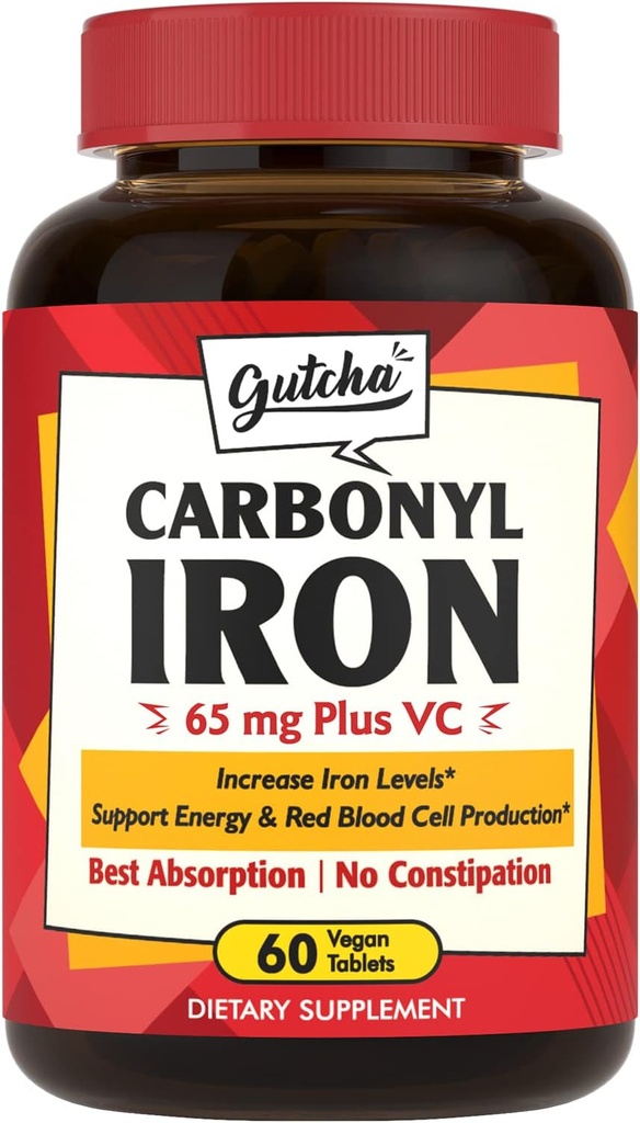 Iron Supplement, 65 mg Carbonyl Iron Plus Vitamin C, Energy & Blood Support for Women & Men, Better Absorption, Gentle on The Stomach, No Nausea, No Constipation, Vegan, Non-GMO, 60 Ct