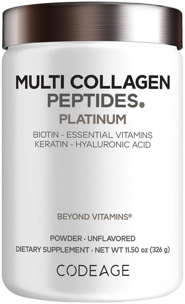 Codeage Multi Collagen for Women & Men Biotin 10000mcg Keratin, Protein Powder Vitamin C B6 D3, Hyaluronic Acid, Niacin - Hydrolyzed Collagen Coffee Creamer 5 Types - Unflavored - Non-GMO - 11.5oz