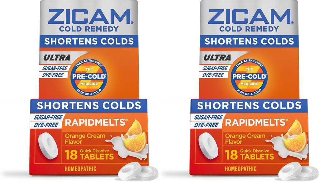 Zicam Ultra Cold Remedy Zinc Rapidmelts, Orange Cream Flavor, Homeopathic, Cold Shortening Medicine, Shortens Cold Duration, Sugar-Free, Dye-Free, 18 Count (Pack of 2)
