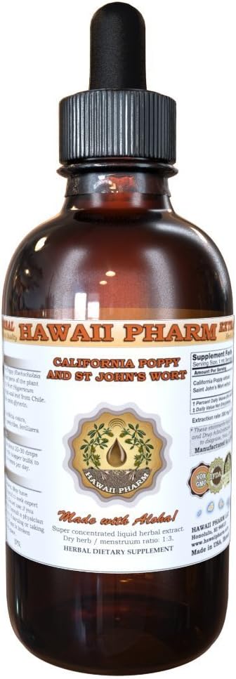 HawaiiPharm California Poppy and St John's Wort Liquid Extract, Organic California Poppy (Eschscholzia Californica) and St John's Wort (Hypericum Perforatum) Tincture Supplement 4 oz