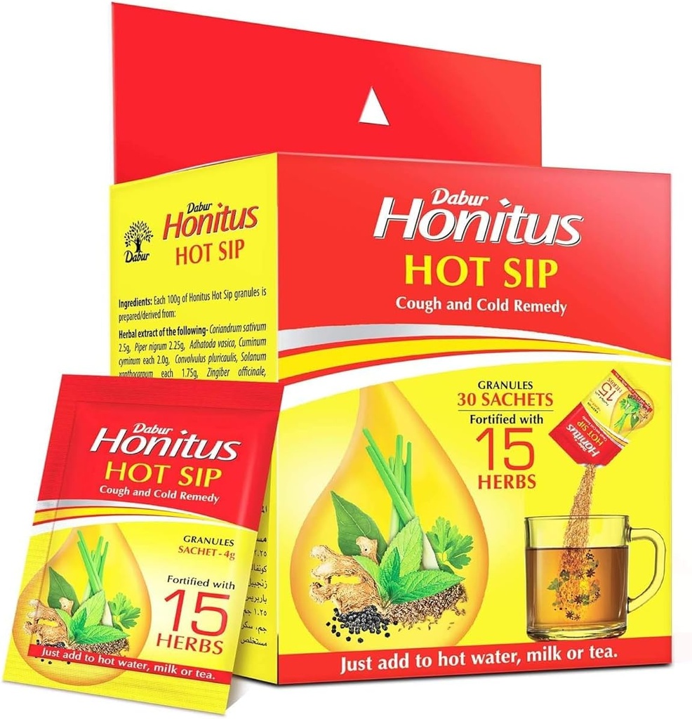 OTAA Honitus Hot Sip, Medication, 30 Sachets (4g x 30), Ayurvedic Kadha, Instant Relief from Cough, Cold, Sore Throat, Natural Immunity Booster, Unique Blend of 15 Herbs Pack of 15