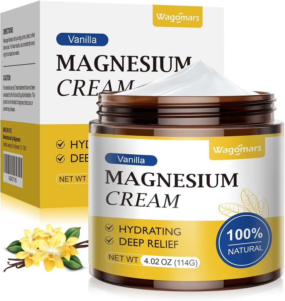 Magnesium Cream for Sleep - Natural Topical Magnesium Lotion for Pain & Leg Cramps, Muscle Relaxation, Calm - Nighttime Body Butter for Deep Hydration - Safe for Kids (Vanilla)