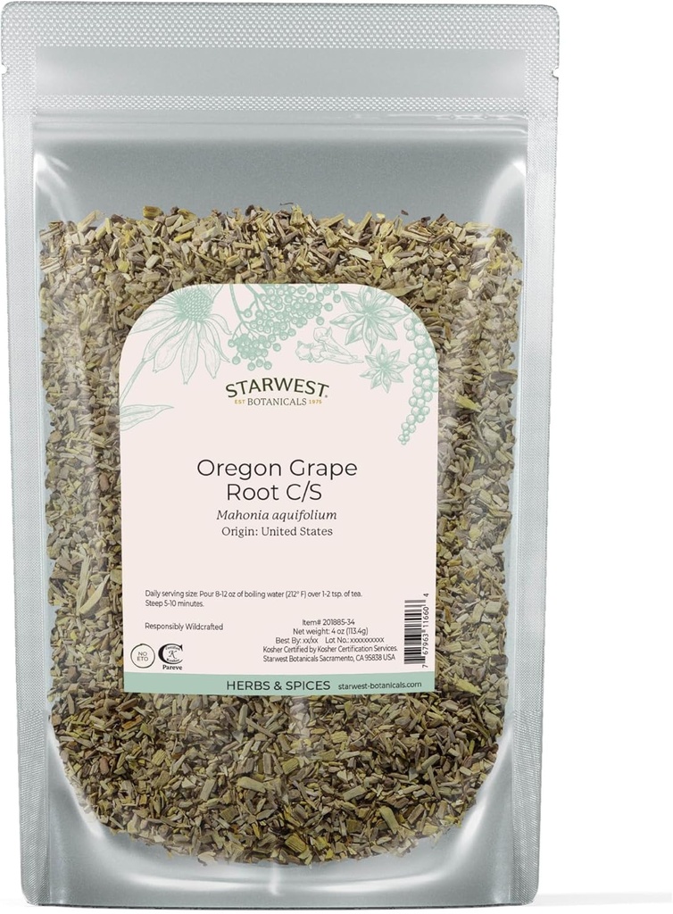 Starwest Botanicals Oregon Grape Root Wildcrafted - Dried Loose Herb for Tea, Tinctures, Capsules, & Salves, Natural Wellness for Women & Men, Cut & Sifted, Certified Kosher, Non-GMO - 4 oz Pouch