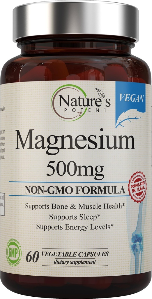 Nature's Potent Magnesium Supplements | Magnesium Citrate & Magnesium Oxide 500mg | Vegan Magnesium Supplement for Women & Men | USA Made Magnesium for Sleep Support - 60 Veggie Capsules