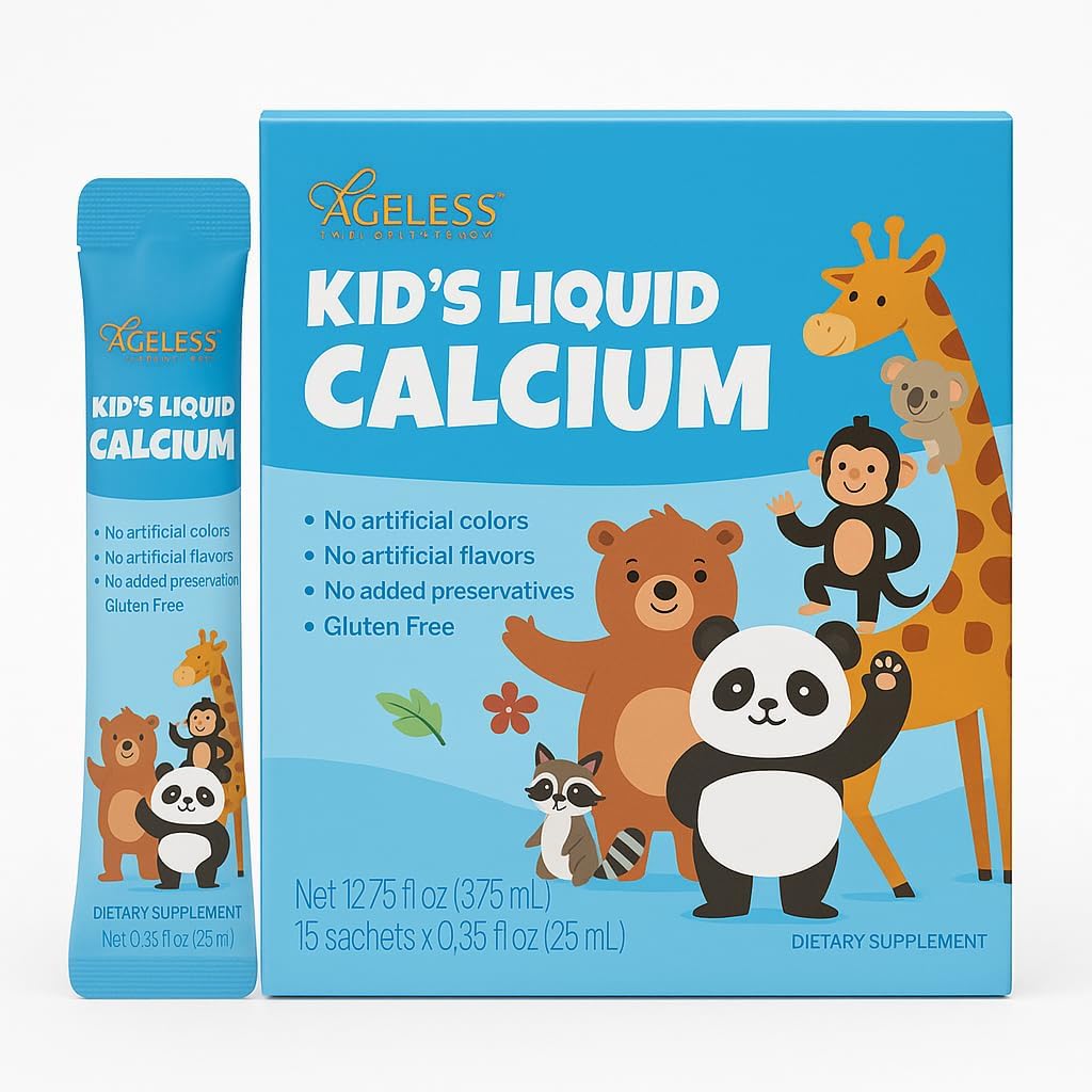 Ageless Kids Liquid Calcium Supplement, to Growing Bones, Vitamin D, Zinc, and Magnesium, with Sea Bass Extract - High Absorption, Immune Support, Gluten-Free - 25 ml (15 Count)