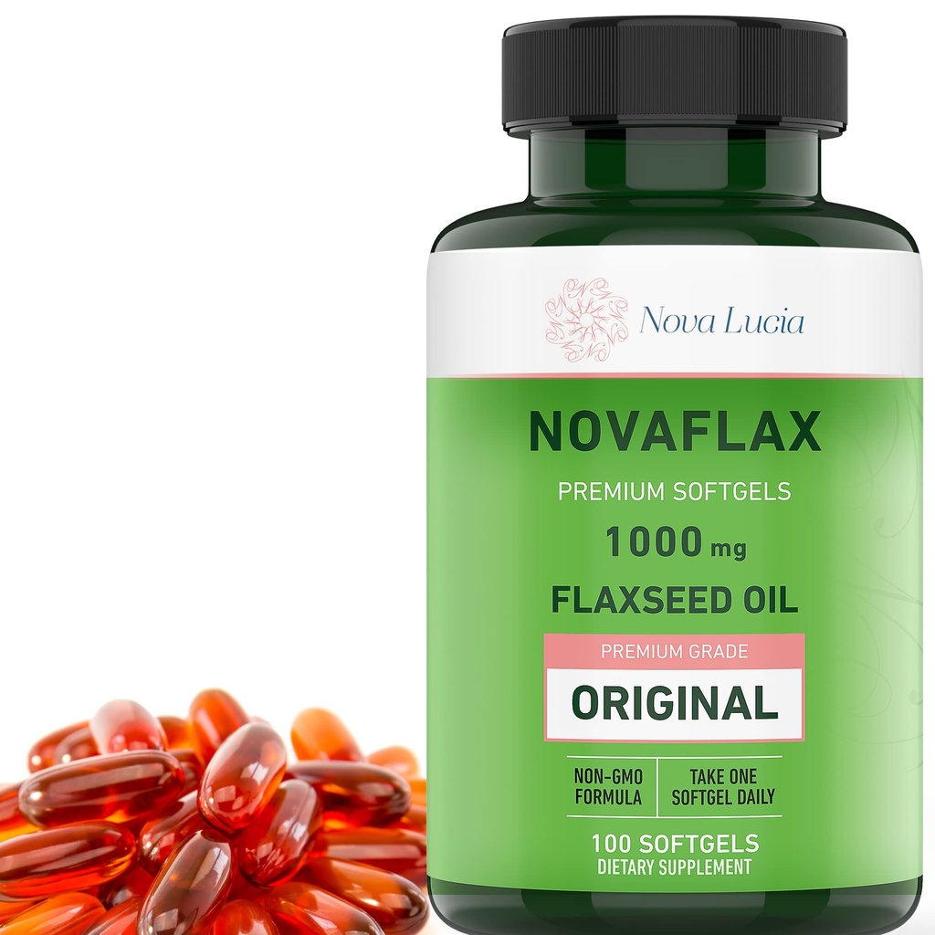Nova Lucia Organic Flaxseed Oil Capsules 1000mg – Omega 3 6 9 Softgels for Hair, Skin & Nails – Non-GMO, Gluten-Free, Hexane-Free, Easy to Swallow – 100 Liquid Softgels