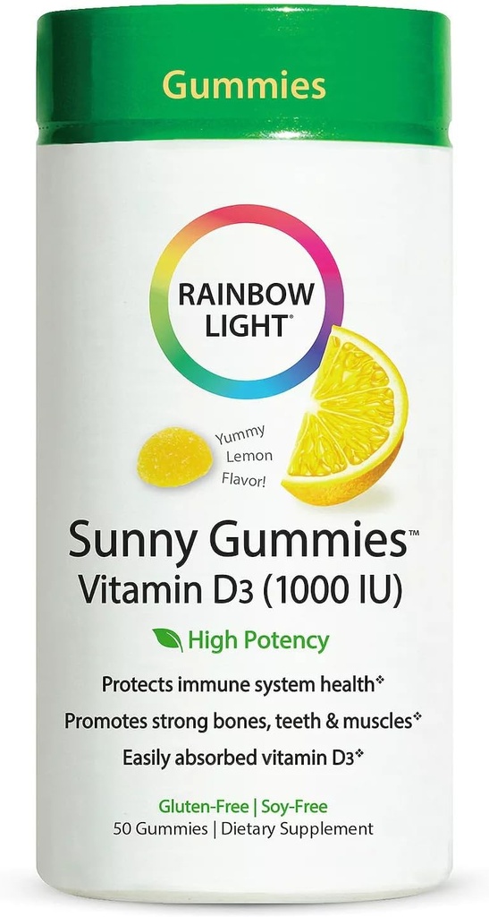 Rainbow Light - Sunny Gummies Vitamin D3 1000 IU, Support for Healthy Bones, Muscles, and Immunity in a Family-Friendly Chewable with Vitamin D3, Soy-Free, Gluten-Free, Sour Lemon, 50 Gummy Drops