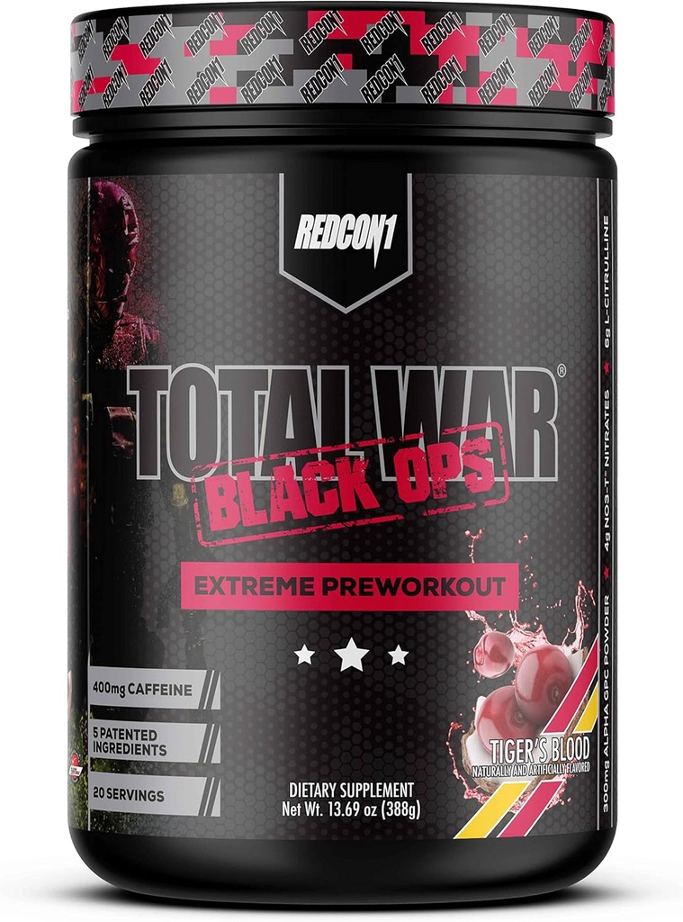 REDCON1 Total War Black Ops Extreme Preworkout Powder, Tigers Blood, High Stimulant, 400 mg Caffeine, NO3-T Nitrates + L-Citrulline, Increase Blood Flow, Muscle Pumps (20 Servings)