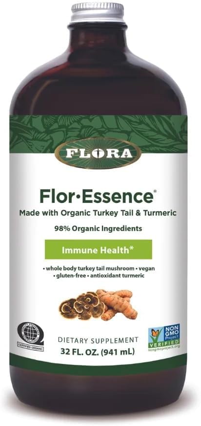 Flora Health Flor-Essence with Turkey Tail & Turmeric, Rich in Polysaccharides, 35+ Phenolic Compounds with Antioxidants and Immunity Support, 32-fl. oz. Glass Bottle