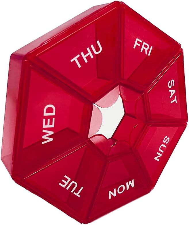 Red Daily Pill Organizer - 7 Day, 1 Time a Day, Travel Pill Case
