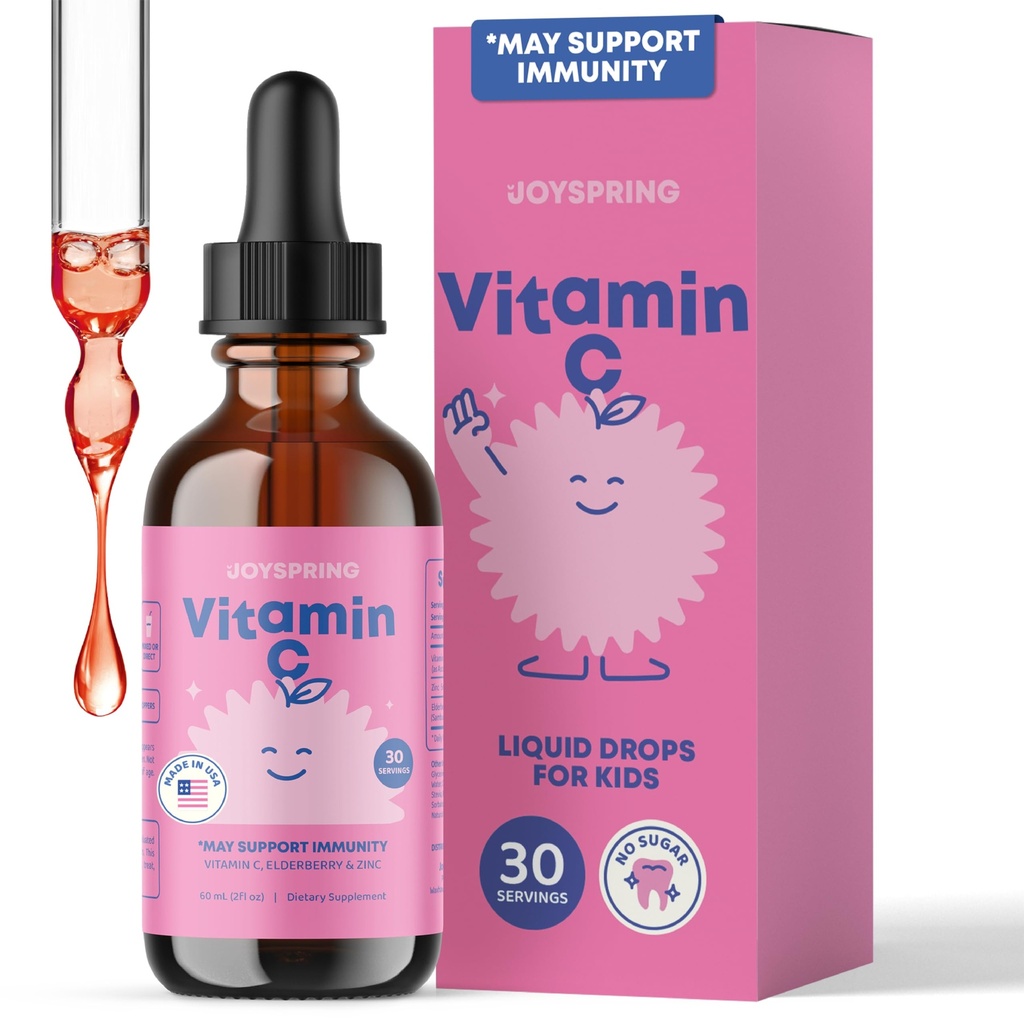 JoySpring Vitamin C and Zinc for Kids, Elderberry Liquid Supplement | Alcohol-Free Toddler Vitamin C | 3+ Years | (2 fl oz) 30 Servings