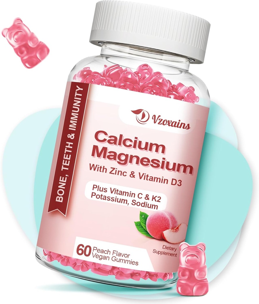 High Absorption Calcium Gummies, Sugar Free Calcium Magnesium Zinc Gummies with Vitamin D3 for Men and Women, Peach Flavored 60 Cts